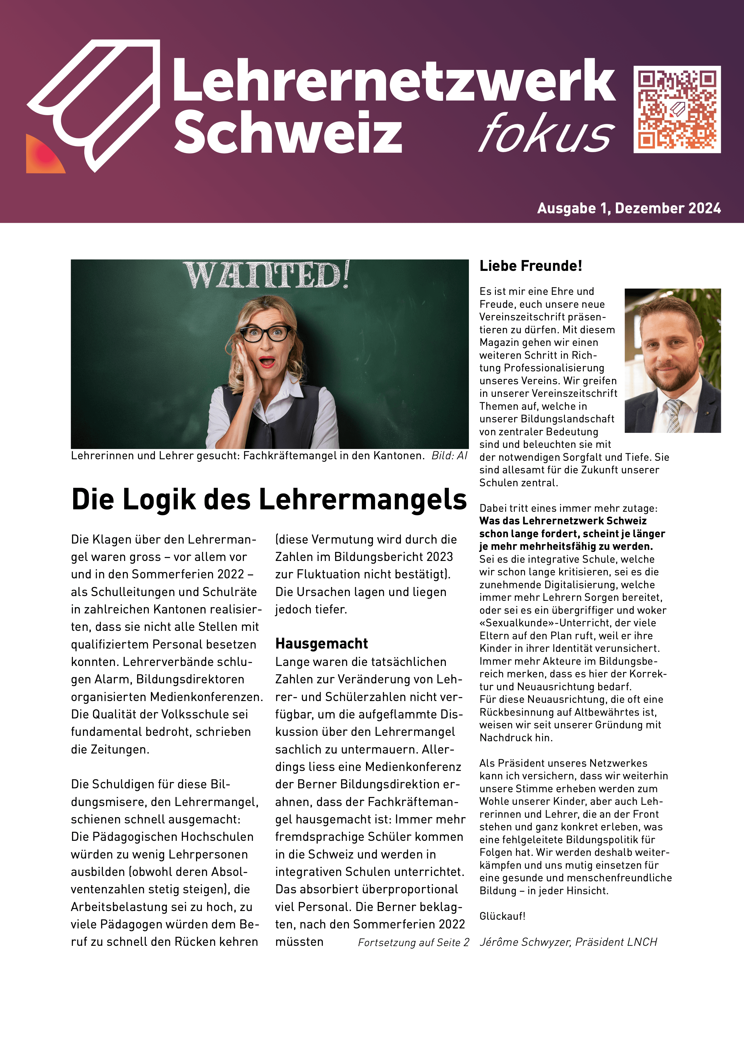 Titelseite des Magazins «Lehrernetzwerk Fokus», Ausgabe 1
